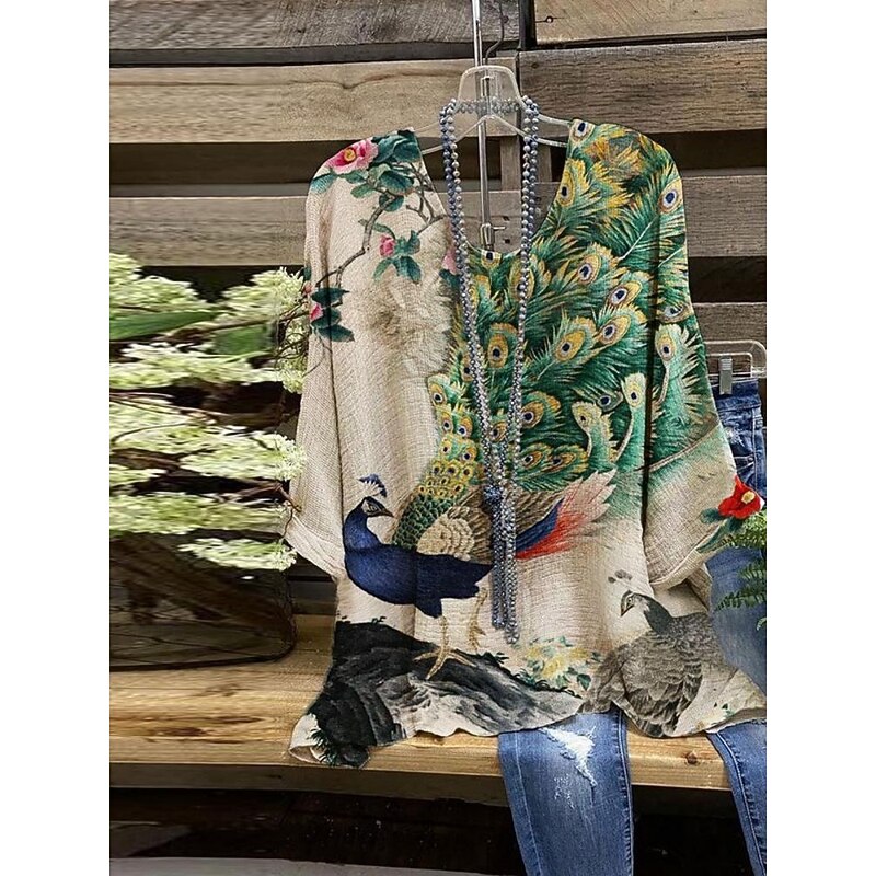 Women's Shirt Floral Stylish 3/4 Length Sleeve Crew Neck Regular Tops Daily Holiday Print Yellow Wine Green Summer3