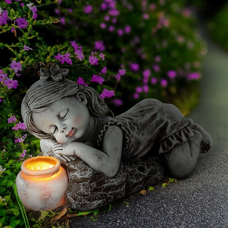 1 Pc New Solar Sleeping Cute Boy and Girl Tile Can Lamp Ornament Home Courtyard Lawn Landscape Decoration Light3
