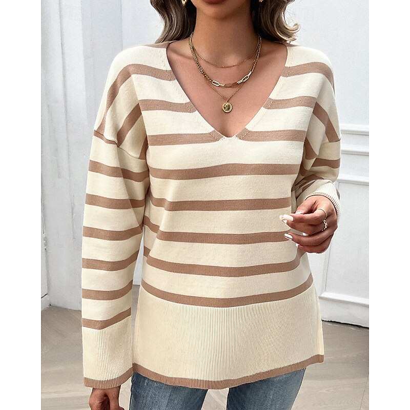 Women's Sweater Pullover Casual Soft Striped Ribbed V Neck Patchwork Knitted Long Sleeve Regular Tops Knit Daily Holiday Going out Black White Fall Winter4