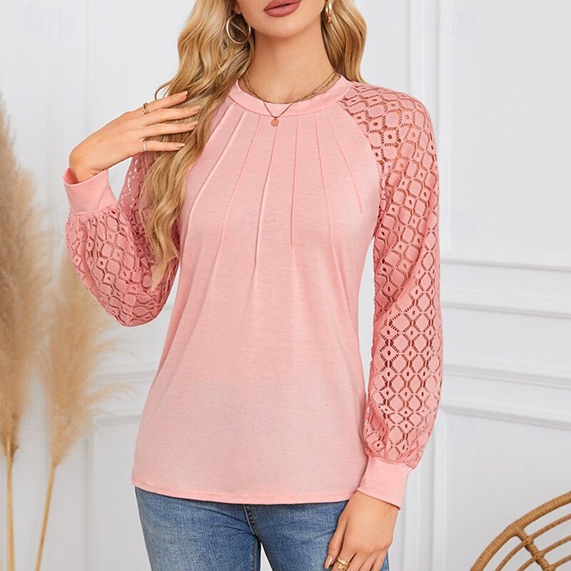 Women's Blouse Plain Casual Long Sleeve Crew Neck Regular Tops Daily Holiday Going out Lace Patchwork Pink Wine Navy Blue Green Summer2