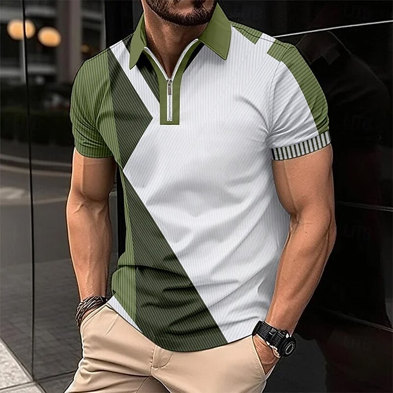 Men's Line Zip Polo Short Sleeve Turndown Business Casual Daily Sports & Outdoor Athleisure Zipper Color Block Summer Grey Black Blue2
