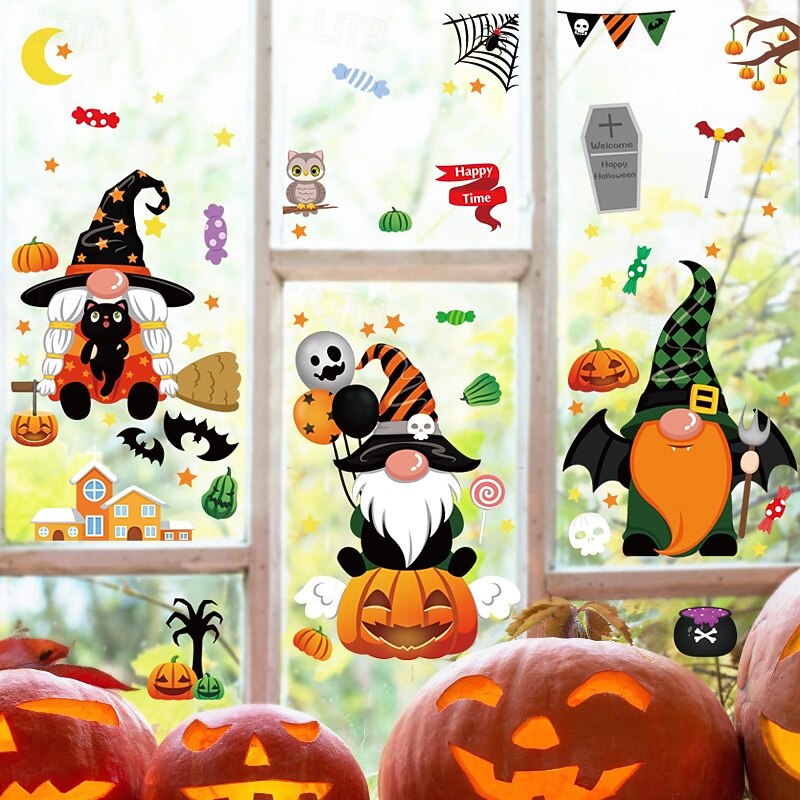 6 Sheets Halloween Window Cling Sticker Decals Decorations Double Side, Gnome Witch Pumpkin Balloon Static Stickers for Glass, Bestselling Halloween Window Decals3
