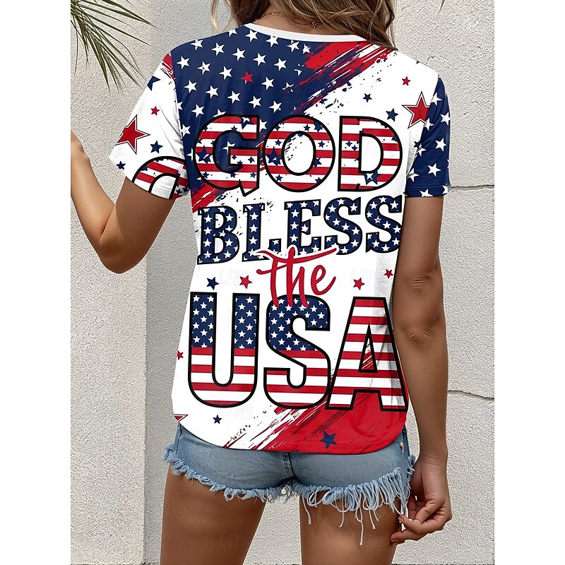Women's Patriotic  T Shirt Graphic Flag Vintage Casual Short Sleeve Crew Neck Regular Tops Daily Weekend Print White Red Blue Dusty Blue Summer Spring2