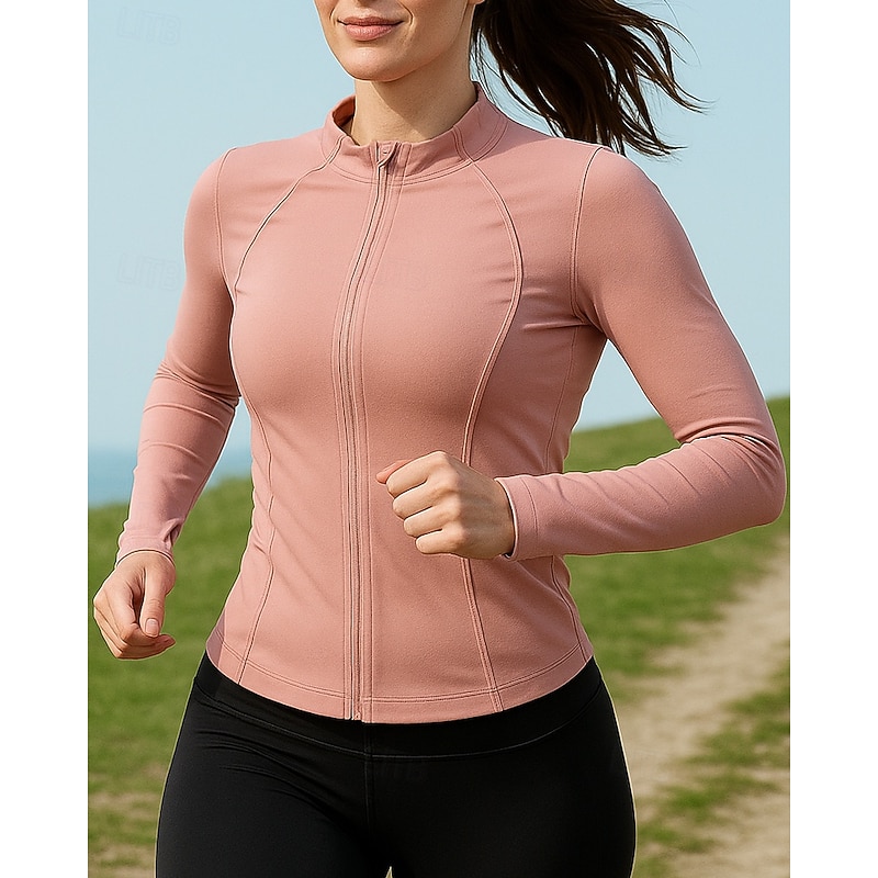 Women's Running Jacket Outdoor Jacket Full Zip Slim Long Sleeve Outerwear Athletic Solid Colored Sun Protection Quick Dry Lightweight UV Cooling Tennis Golf Running Sportswear Activewear Black White