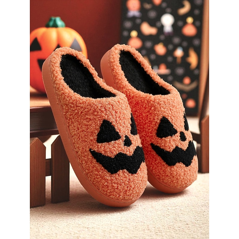 Women's Halloween Pumpkin Face Slippers - Cozy Orange Plush Indoor Shoes with Jack-O'-Lantern Design for Fall Nights,Costume Parties & Gifts2