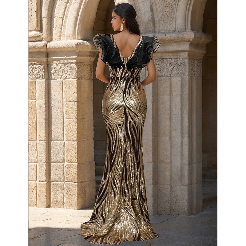 black Tie Gold Sequin Mermaid / Trumpet Evening Gown Elegant Dress Formal Wedding Floor Length Sleeveless V Neck Stretch Satin with Ruffles3