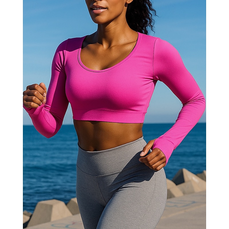 Women's Running Top Running Shirt backless t shirt Open Back Long Sleeve Tee Tshirt Solid Colored Quick Dry Lightweight Elastic Breathable Tennis Golf Running Sportswear Activewear Blue Brown Rose Red2