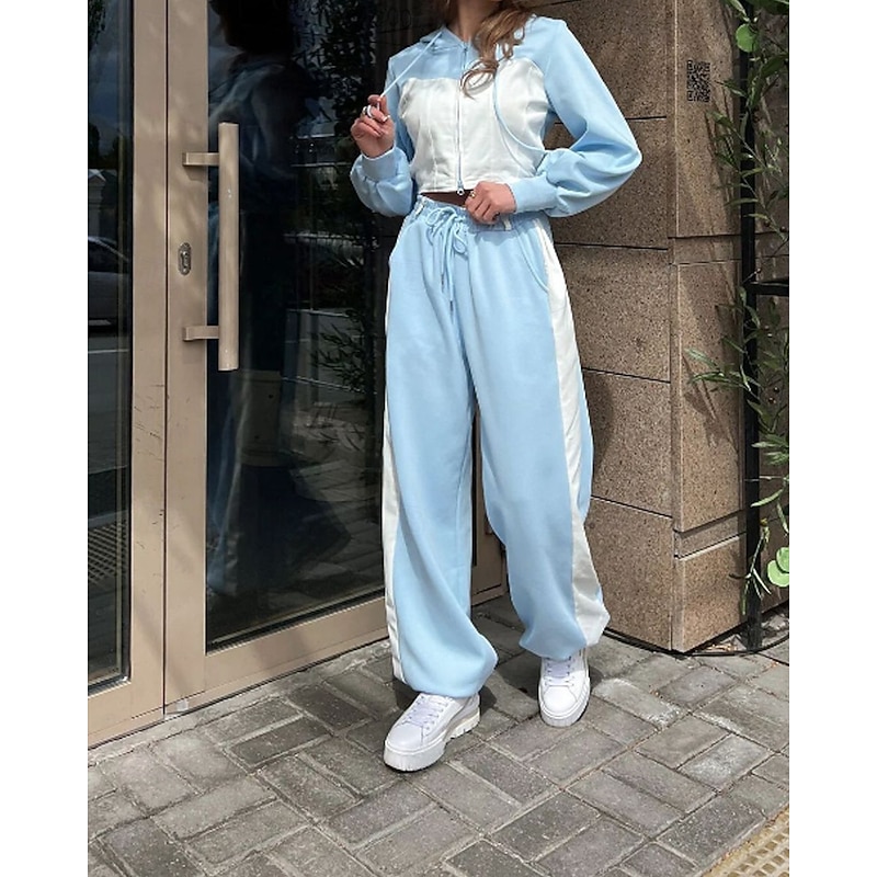 Women's Tracksuit Sweatpants Hooded Jacket Lace Zipper Pocket Color Block Clothing Suit Fall White Pink Gym Athleisure Running Thermal Warm Windproof Long Sleeve Sport Activewear Stretchy Regular Fit3