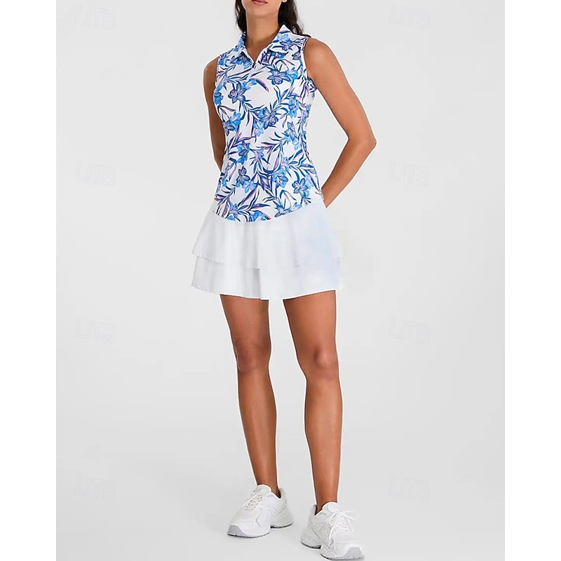 Women's Graphic Floral Sport Shirt Golf Polo Shirt Tennis Shirt Sleeveless Zipper High Elasticity Moisture Wicking Breathable Tennis Golf Pickleball Turndown Zip Collar Shirt Top Blue Tennis Clothing3