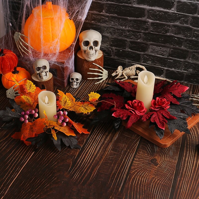 Halloween Candle Ring Wreath with Maple Leaves and Roses, Table Centerpiece Decoration, Party Decor Accent3