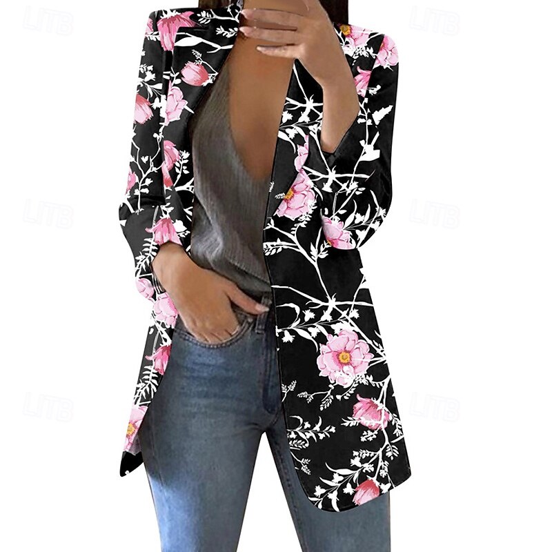 Women's Blazer Comfortable Print Elegant Fashion Casual Floral Going out Casual Daily Cardigan Regular Lapel Regular Fit Long Sleeve Outerwear Black Pink Sky Blue Spring Fall3