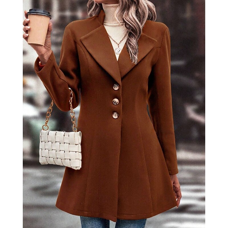 Women's Coat Warm Comfortable Buttons Fashion Plain Street Holiday Single Breasted Long Turndown Regular Fit Long Sleeve Outerwear Black Apricot Coffee Fall Winter3