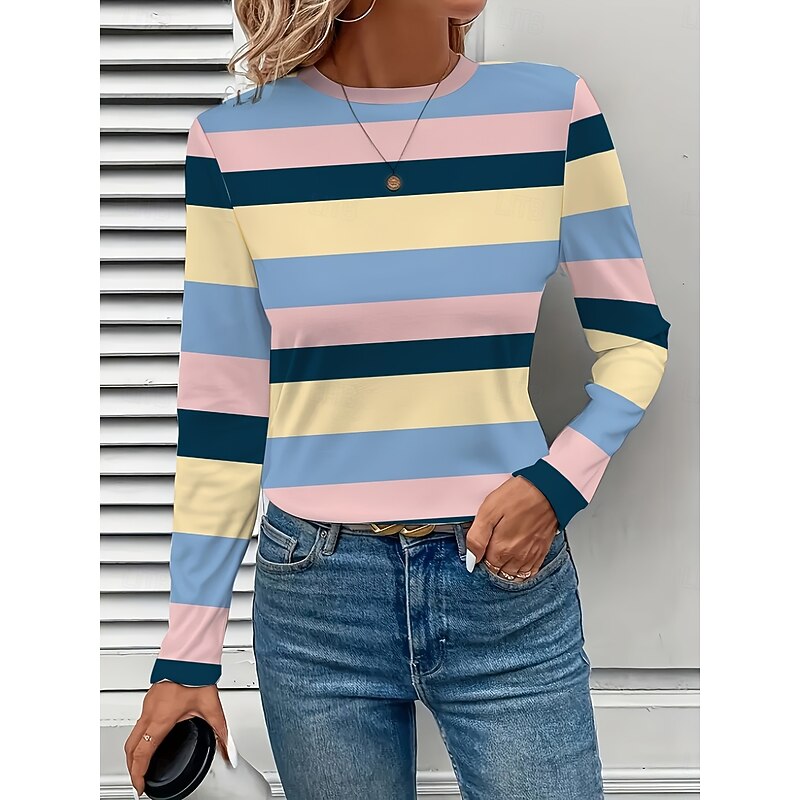 Women's T shirt Crew Neck Long Sleeve Tunic Graphic Geometric Striped Vintage Stylish Classic  Round Neck Regular Tops Daily Print Pink Red Fuchsia Fall4