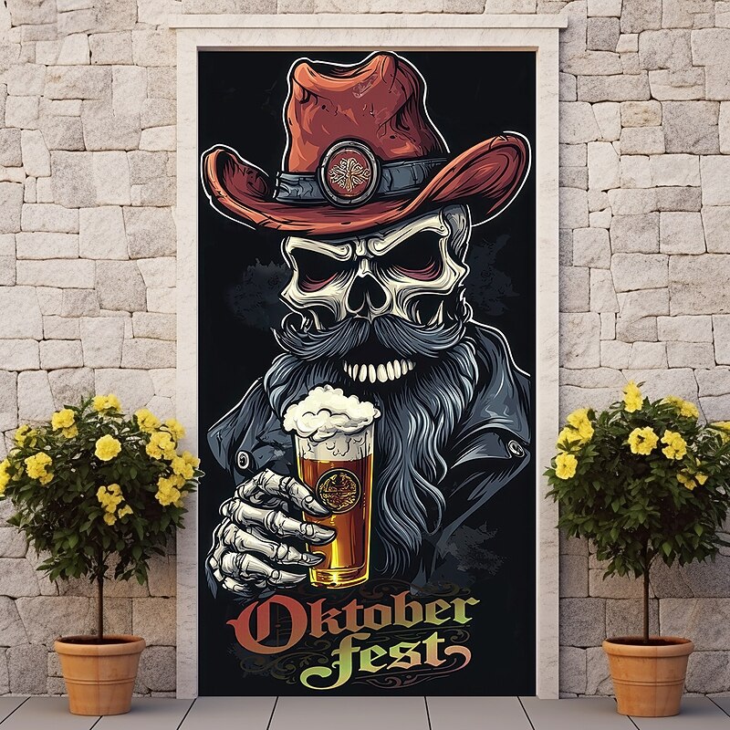 Oktoberfest Door Decorations German Bavarian Beer Skull Door Covers Door Tapestry Decoration Backdrop Indoor/Outdoor Door Banner for Front Door Office Door3