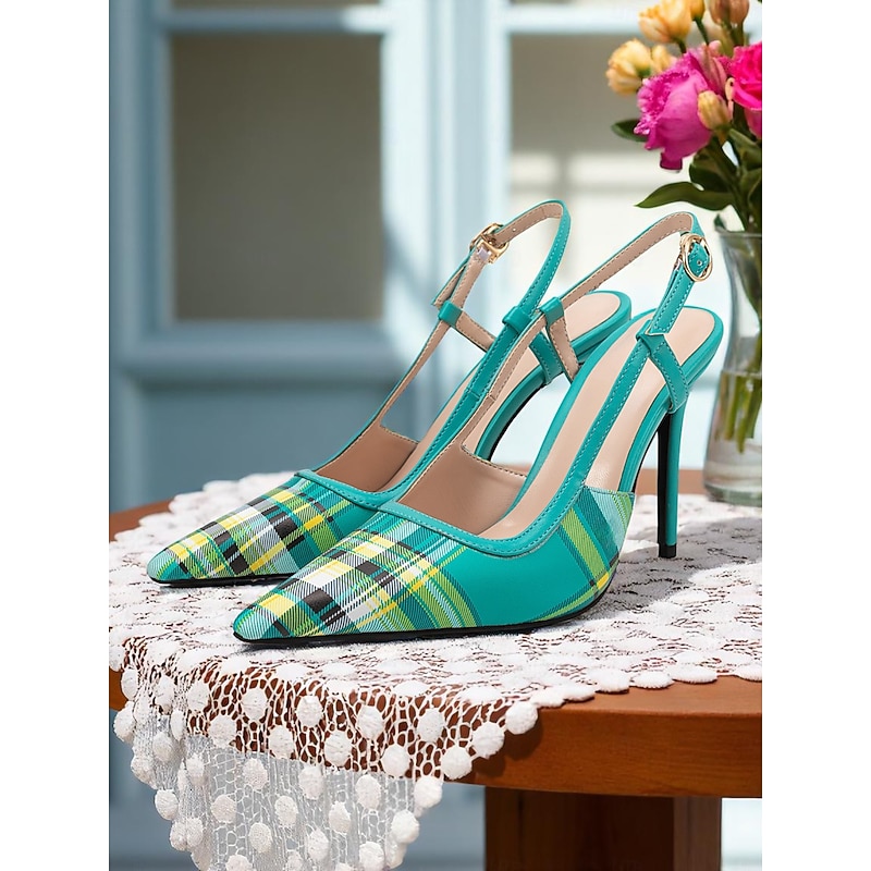 Women's Green Plaid Slingback Stiletto Heels – Retro Tartan Pointed Toe High Heels for Spring Parties, Afternoon Teas, and Vintage-Inspired Looks2