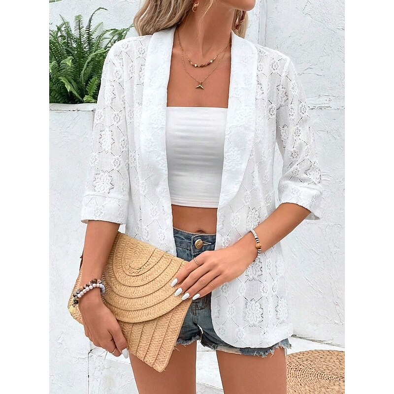 Women's Blazer Breathable Comfortable Lace Patchwork Elegant Casual Plain Office Street Casual Daily Wear Open Front Regular Turndown Regular Fit 3/4 Length Sleeve Outerwear White Summer Spring2