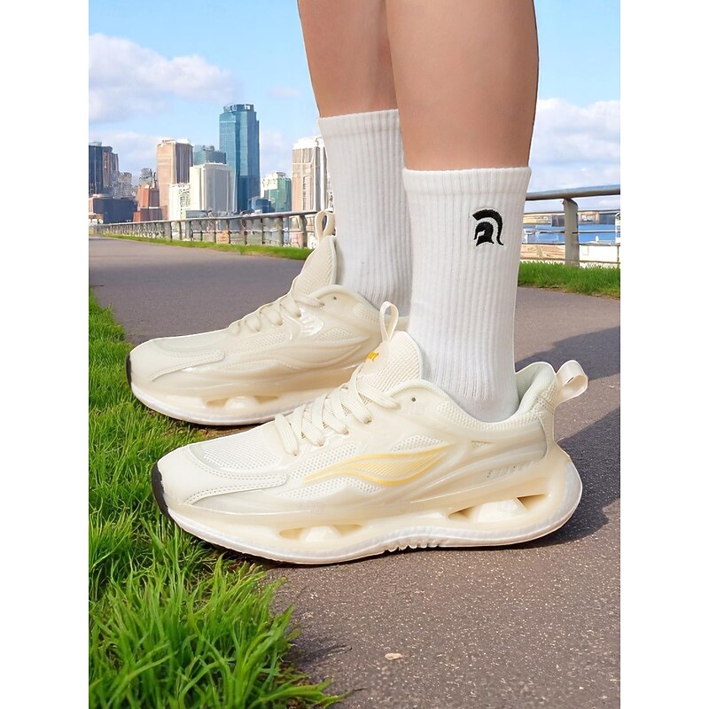 Women's Beige Air-Cushioned Sports Sneakers with Breathable Mesh Upper, Shock-Absorbing Sole for Running, Fitness and Casual Wear - Main Image