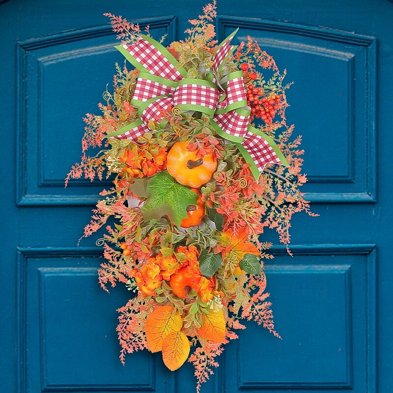 Fall Swag Wreath for Front Door Thanksgiving Autumn Harvest Indoor Outdoor Decoration, Pumpkin and Bow Artificial Floral Wreath Rustic Fall Door Hanging2