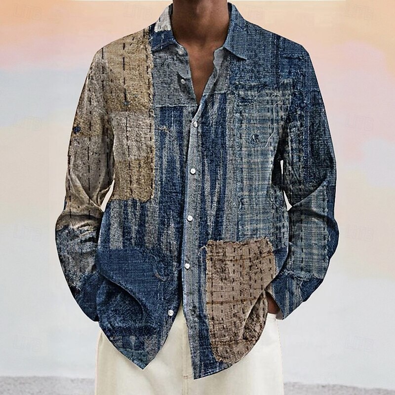 Men's Geometric Color Block Denim-like Shirt Button Up Shirt Long Sleeve Fashion Casual Vacation Daily Spring Fall Turndown 3D Print Linen Like Shirt Blue+Khaki Blue Dark Blue Light Blue4