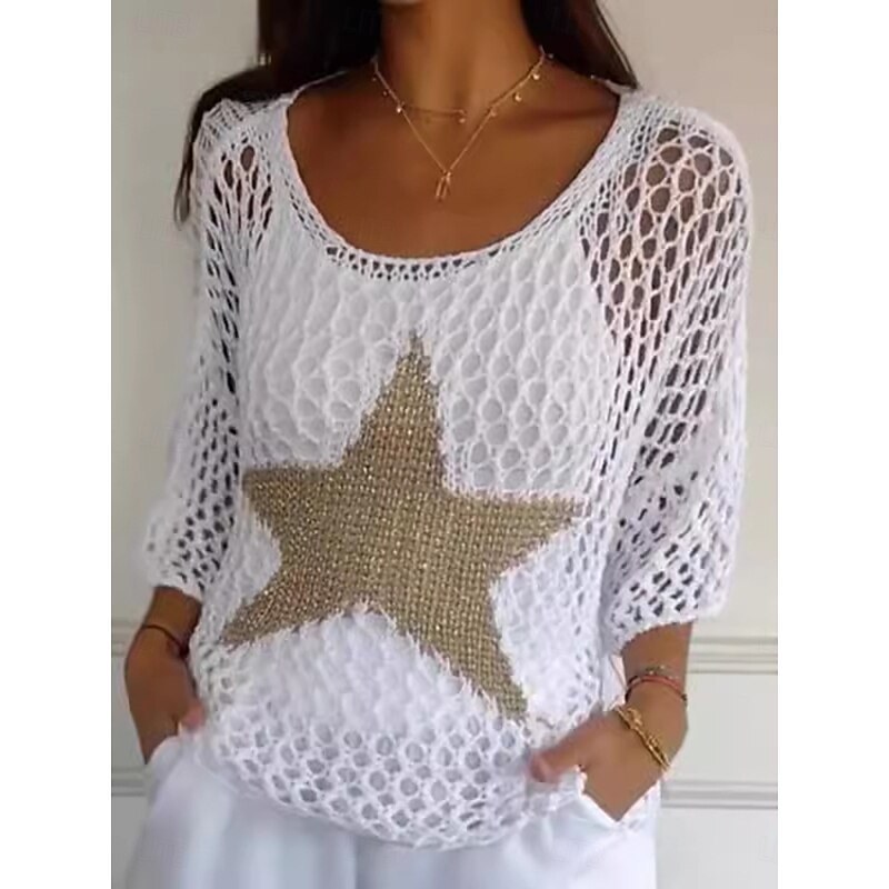 Women's Blouse Star Stylish Casual 3/4 Length Sleeve Crew Neck Regular Tops Daily Cut Out Black White Pink Orange Khaki Summer