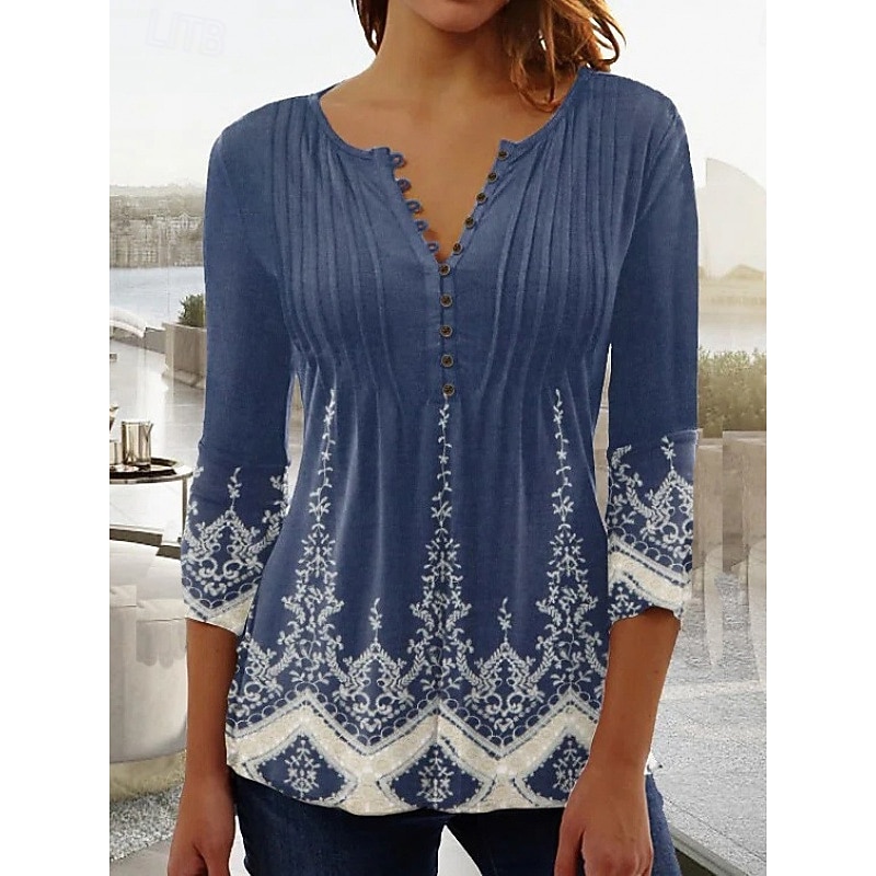 Women's Texture Blouse Blouse Print Daily Stylish 3/4 Length Sleeve Crew Neck Regular Tops Daily Holiday Buttons Print Blue Summer Spring