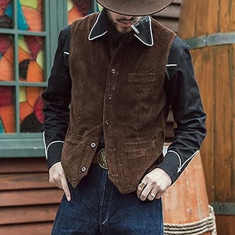 Men's Corduroy Vest Vest Gilet Outdoor Daily Vintage Spring Fall Pocket Buttons Nylon Comfortable Plain Single Breasted One-button V Neck Regular Fit Black Navy Blue Brown Green Vest2