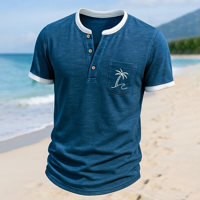 Men's Henley Shirt Tee Henley Top Short Sleeve Solid Color Plain Vacation Fashion Designer Color Block Buttons Henley Outdoor Casual Daily Summer All Seasons Black Navy Blue Blue Henley T-Shirt