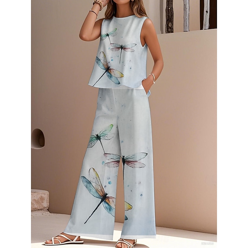 Women's Elegant Fashion Streetwear Two Piece Sets Blouse Vest Pants Trousers Sleeveless Crew Neck Outdoor Work Casual Animal Print Vacation Daily Holiday Blue Summer Regular Fit
