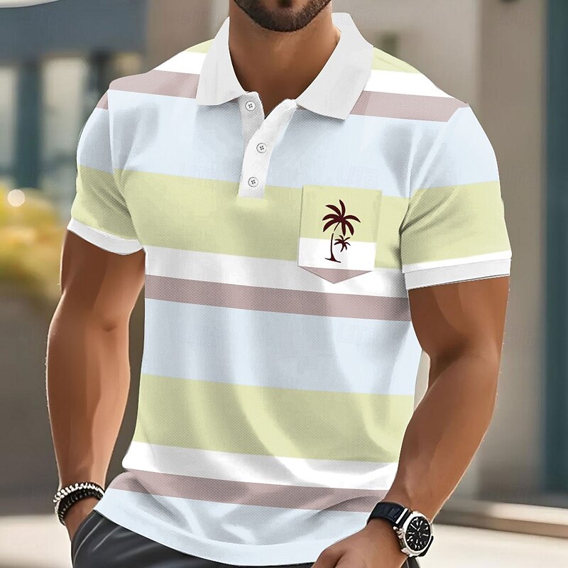 Men's Horizontal Stripes Palm Tree Polo Short Sleeve Polo Shirts Collared Shirts Casual Resort Athleisure Daily Wear Vacation Wear Pocket 3D Print Buttons Summer Yellow Pink Blue3