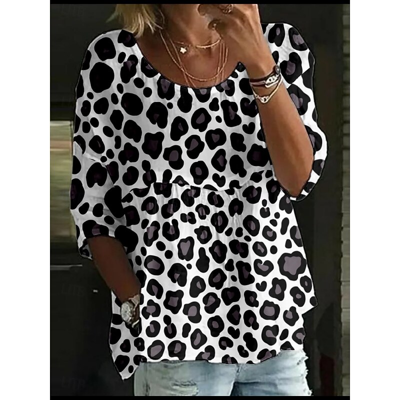 Women's Blouse Leopard Stylish 3/4 Length Sleeve Crew Neck Regular Tops Daily Holiday Print White Yellow Orange Brown Beige Summer4