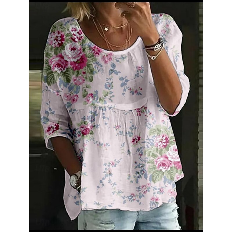 Women's Blouse Floral Stylish 3/4 Length Sleeve Crew Neck Regular Tops Daily Holiday Print Yellow Pink Royal Blue Blue Purple Summer2