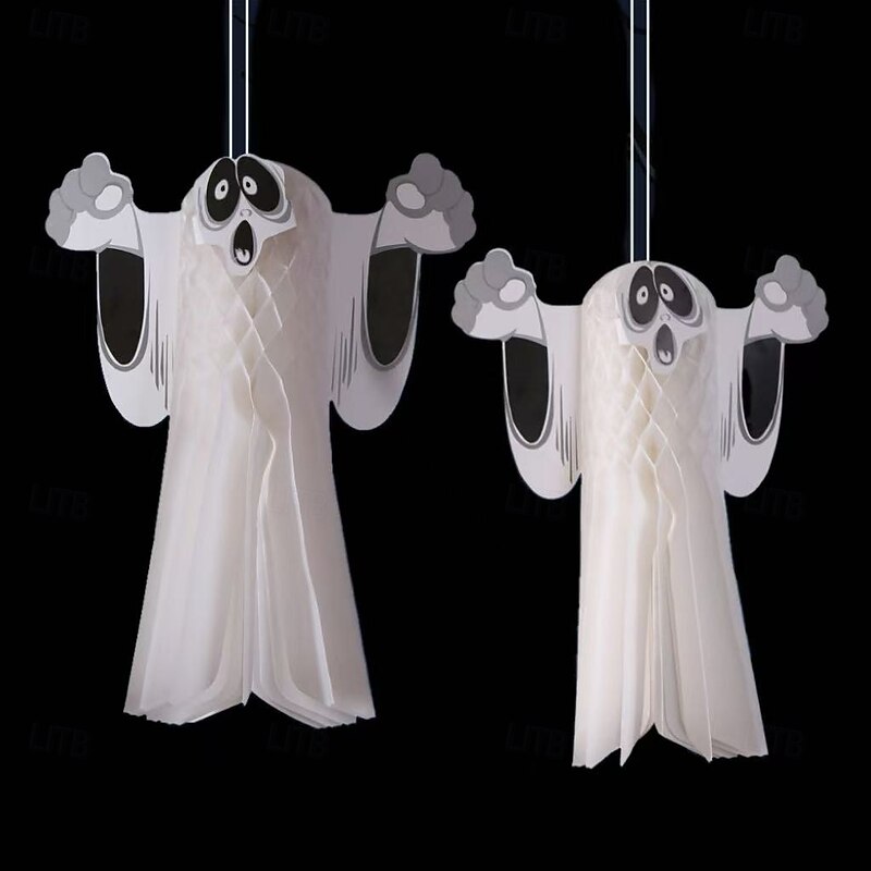 2PCS Halloween Hanging Ghost Decorations, White Ghost Pendants for Indoor Outdoor Use, Spooky Halloween Atmosphere Decor for Haunted House or Party3