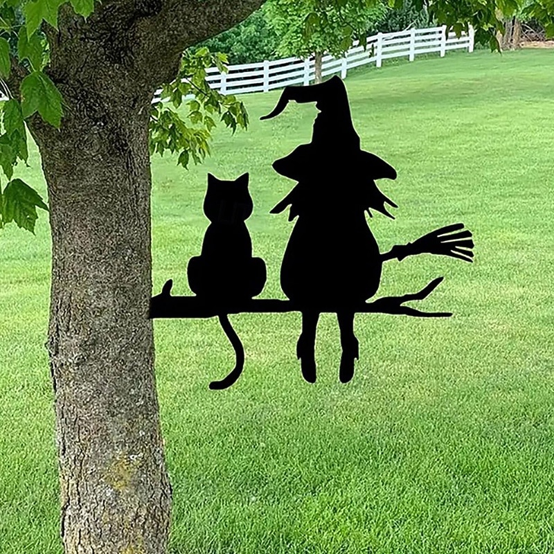 Halloween Yard Decoration Metal Silhouette, Cute Witch and Cat Waterproof Metal Garden Stake, Halloween Outdoor Yard Art Decoration