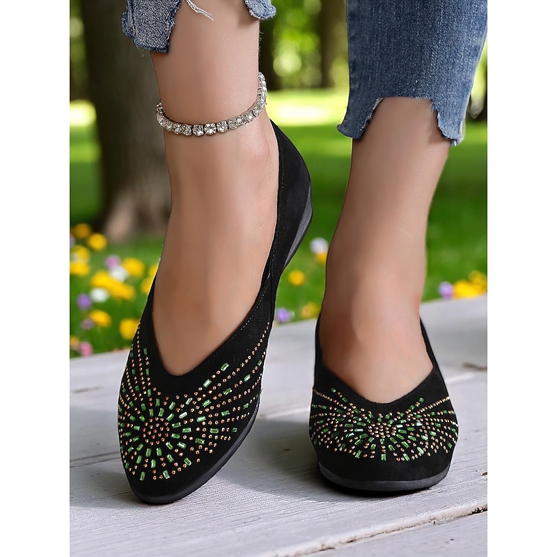 Women's Rhinestone Wedge Flats – Sparkly Comfort Shoes for Oktoberfest, Beer Garden Parties, and Festive Outdoor Events