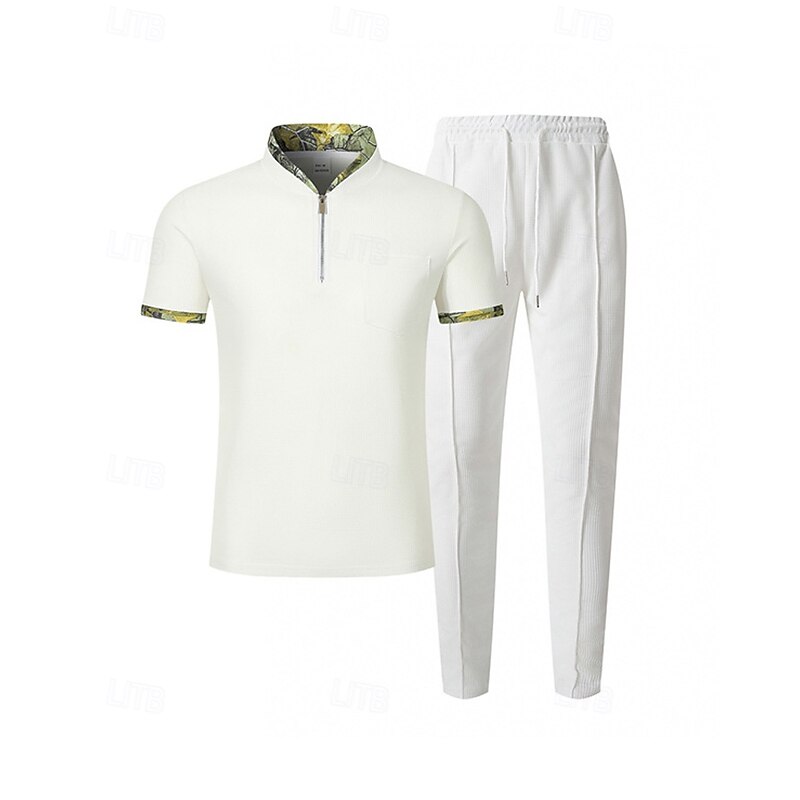 Men's Waffle Shirt T-shirt Suits Shirt and Pant Sets 2 Pieces Outfits Short Sleeve Quarter Zip Summer Color Block Fashion Casual Pocket 2 Piece Vacation Daily Wear Going out Black White Wine Top Tee2