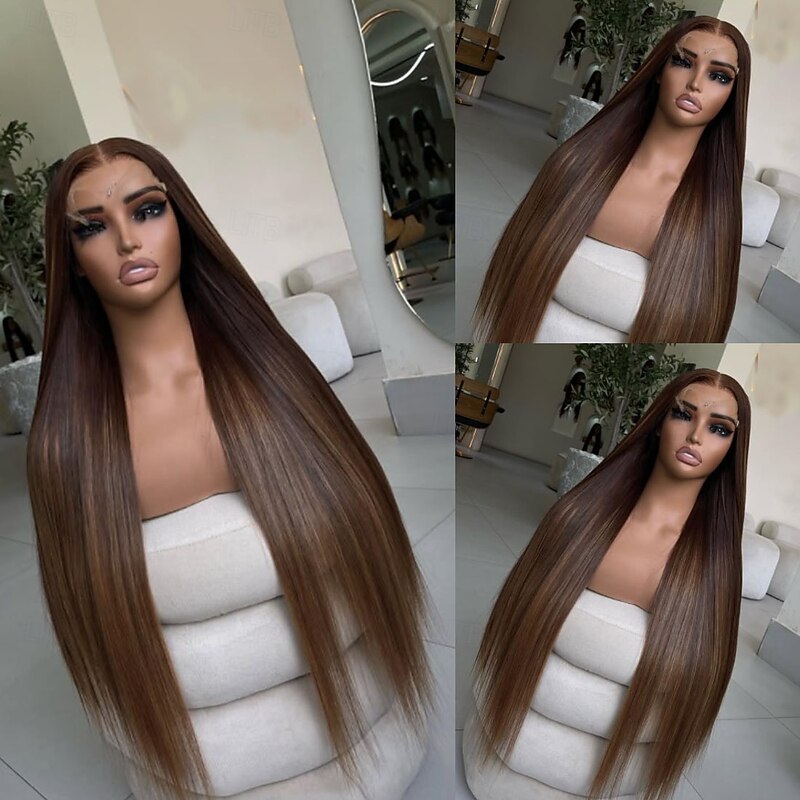 Remy Human Hair 5x5 Closure 13x4 Lace Front Wig Free Part Brazilian Hair Straight Brown Auburn Wig 130% 150% Density with Baby Hair Highlighted / Balayage Hair 100% Virgin Glueless Pre-Plucked For