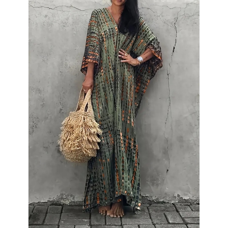 Women's Maxi Dress Sundress Vacation Casual Boho Outdoor Party Going out Regular Fit Geometric 3/4 Length Sleeve V Neck Yellow Red Blue Green Summer2