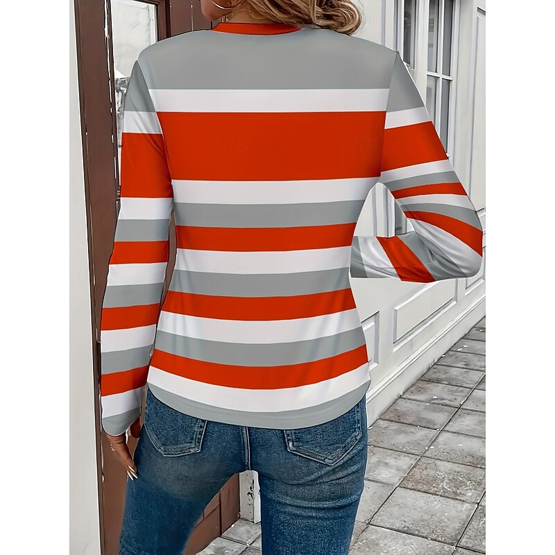 Women's T shirt Crew Neck Long Sleeve Tunic Graphic Geometric Striped Vintage Stylish Classic  Round Neck Regular Tops Daily Print Pink Red Fuchsia Fall2