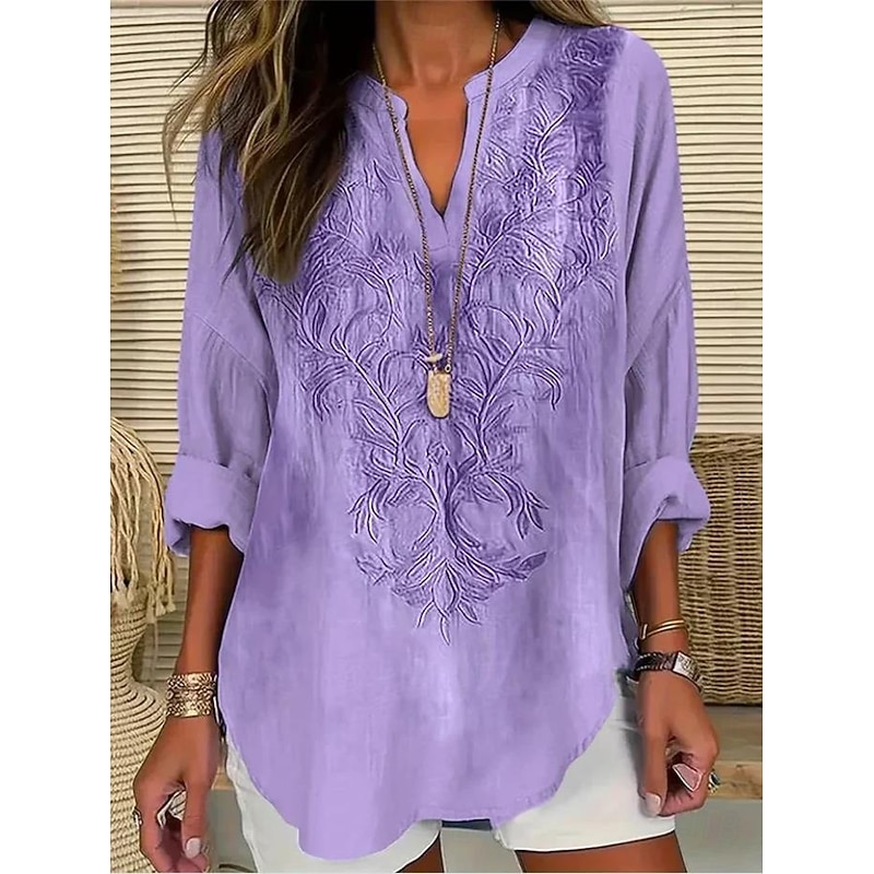 Women's Blouse Tunic V Neck Long Sleeve Boho Casual Summer Tops Floral Graphic Daily Regular Tops Daily Print Black White Pink Blue Sky Blue