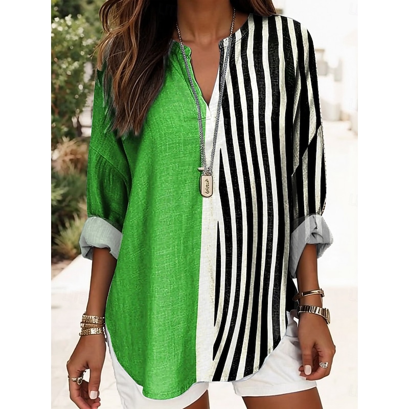 Women's Blouse Tunic V Neck Long Sleeve Boho Casual Summer Tops Graphic Geometric Daily Regular Tops Daily Print Green Khaki