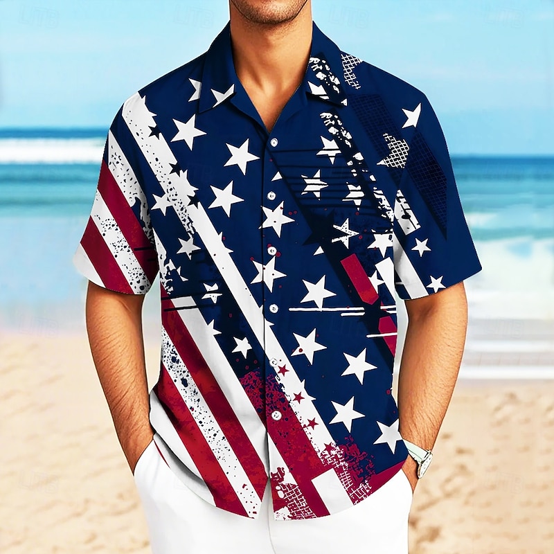 Independence Day Men's American US Flag Patriotic Shirt Casual Shirt Cuban Collar Shirt Short Sleeve Fashion Casual Holiday Streetwear Summer Spring Camp Collar Shirt 3D Print Button Up Shirts Dark