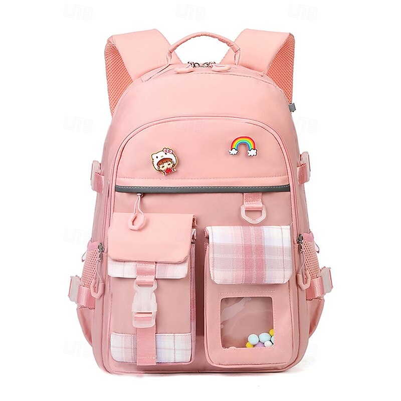 Cute girl campus backpack - multi-pocket design, Plaid stitching, Lightweight and waterproof, large capacity, Suitable for daily commuting Black Pink Sky Blue