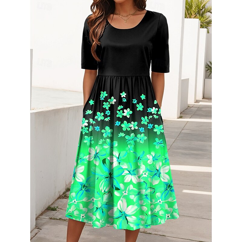 Women's Midi Dress Summer Dress Pleated Dress Vacation Casual Holiday Loose Fit Floral Graphic Half Sleeve Crew Neck Red Blue Purple Green Summer Spring Fall4