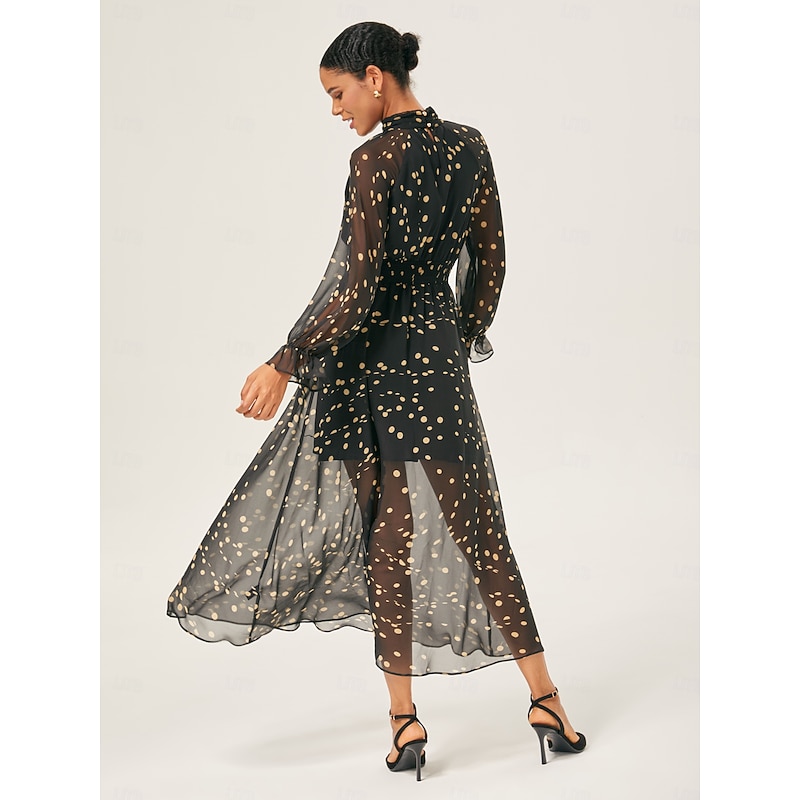 Women's Female Casual Dress Maxi Dress Black Long Sleeve Polka Dot Print Summer Cross-Seasons High Neck Vacation Bohemian XS S M3