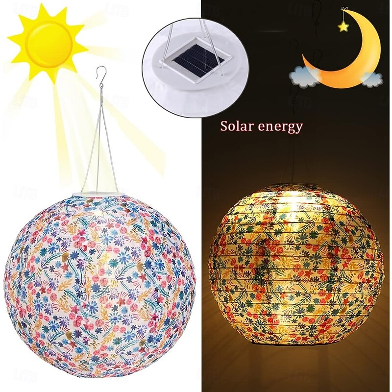 Chinese Style Globe Light Outdoor Solar Power 12inch 30CM Printed Lantern Hanging Lamp IP65 Waterproof Nylon LED Light For Outdoor Garden Party Yard Warm White Decoration Lighting3