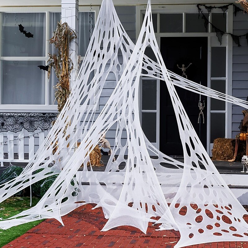 Halloween Spider Web with Stakes Decorations Outdoor, Cut-Your-Own Torn Style Stretchy Spider Web, Flexible Webbing for Haunted House, Porch, Yard & Spooky Party Prop