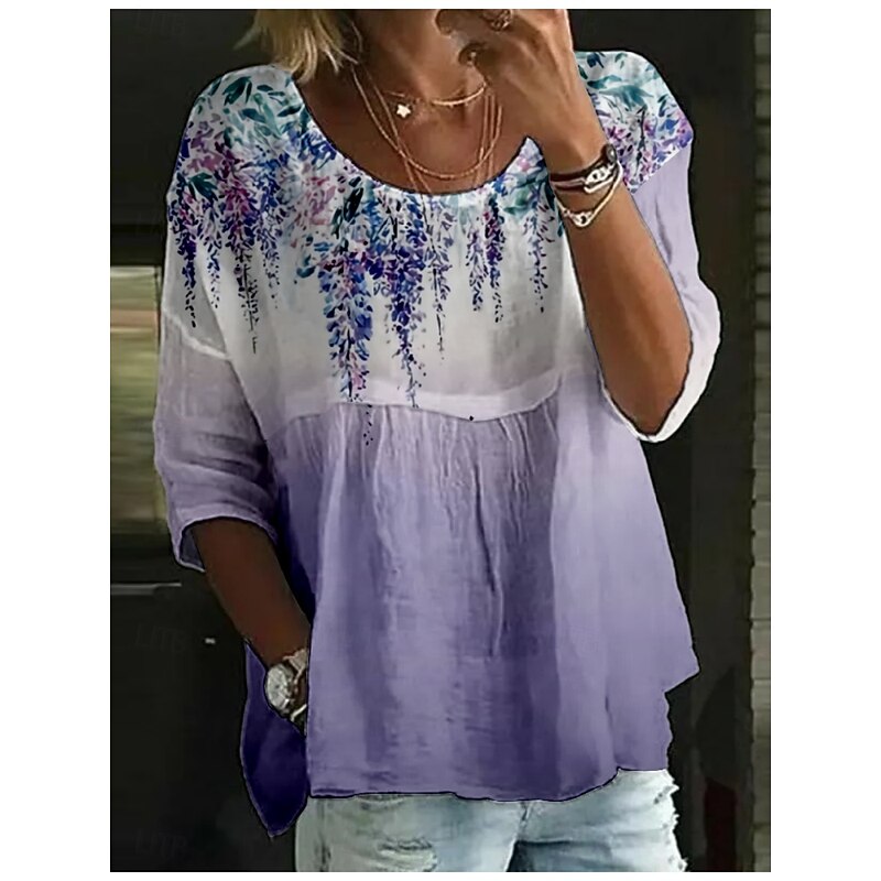 Women's Blouse Floral Stylish 3/4 Length Sleeve Crew Neck Regular Tops Daily Holiday Print Pink Blue Purple Green Summer4
