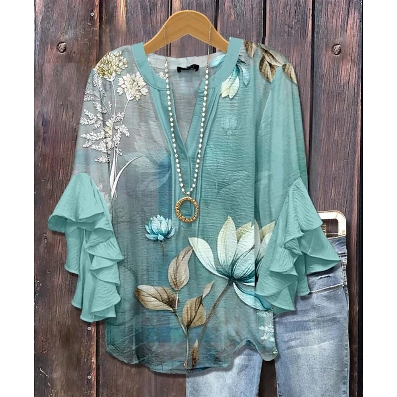 Women's Blouse V Neck Floral Graphic Elegant Bohemia Ethnic 3/4 Length Sleeve Regular Tops Daily Holiday Vacation Wear Ruffle Print Pink Blue Green Khaki Summer Spring Fall2