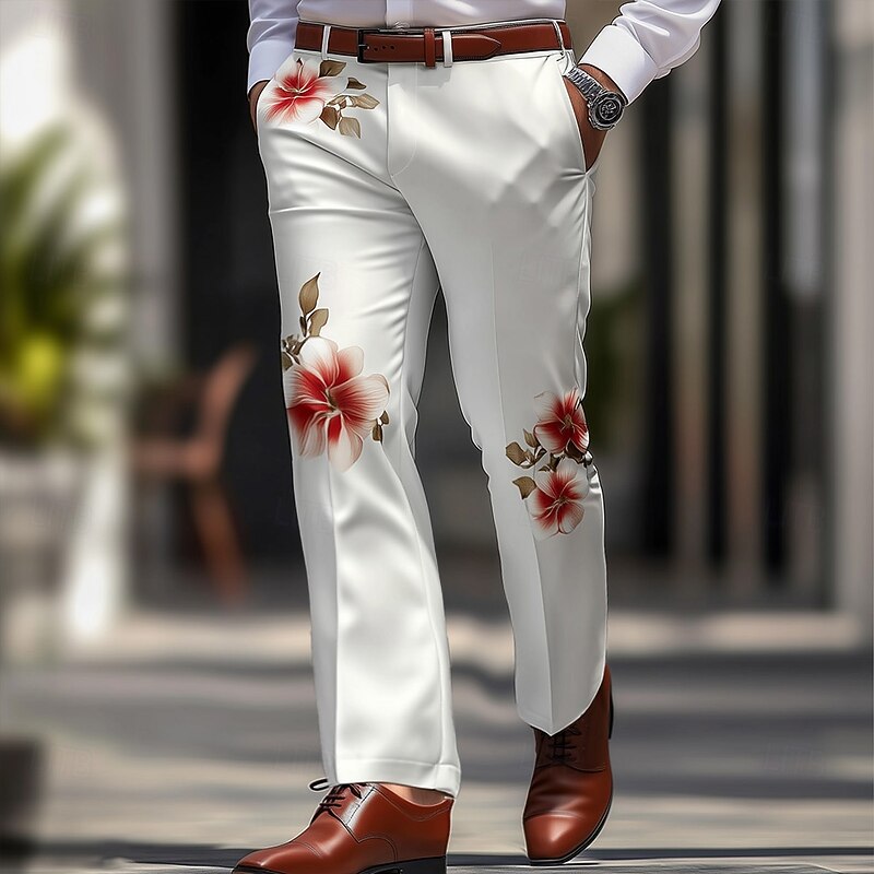 Men's Floral Print Flowers Dress Pants Trousers Suit Pants Mid Waist Casual Outdoor Vacation Regular Fit Flat-Front Straight Leg Pants with Pockets Summer Spring Fall 3D Print White Brown2