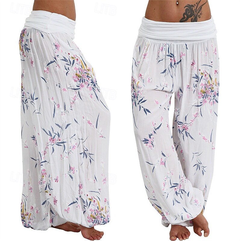 Women's Pants Trousers Harem Pants Palazzo Pants Fashion Boho Full Length Mid Waist Print Elastic Waist Comfy Comfortable Micro-elastic Street Daily Wear Going out White Yellow Light Green Pink2